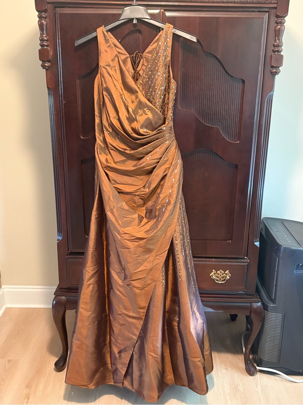 Avanti Copper Brown One-Shoulder Ruched Prom Gown